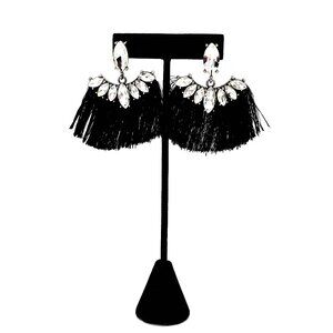 Crystal Fan Tassel Earrings – Black Fringe Drop Dangle, Pierced, Unbranded